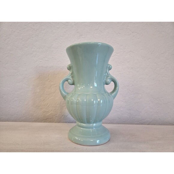 Vintage Nelson McCoy Pottery Aqua Green Double Handle Vase - Picture 1 of 7